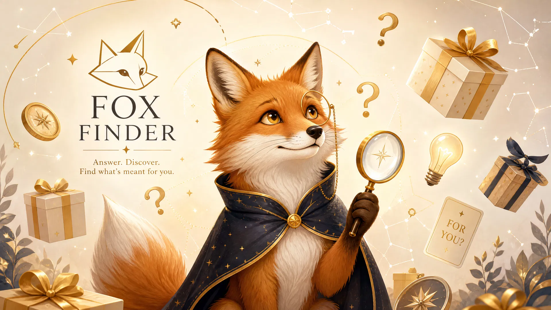 The Fox Finder — a caped fox with a magnifying glass among gifts and stars